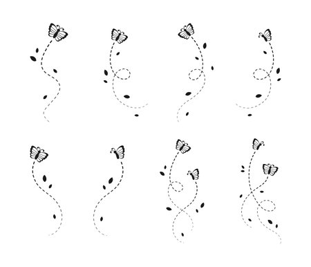 Butterflies silhouette set. Flying Butterfly with Dotted Line Route. Beautiful elegant insects with open wings trail. Vector design elements for spring and summer.のイラスト素材