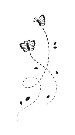 Flying Butterfly with Dotted Line Route Silhouette. Beautiful butterflies elegant insects with open wings trail. Vector design elements for spring and summer.のイラスト素材