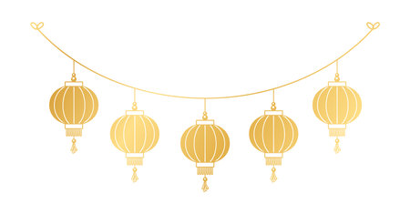 Gold Chinese Lantern Hanging Garland Silhouette, Lunar New Year and Mid-Autumn Festival Decoration Graphicのイラスト素材