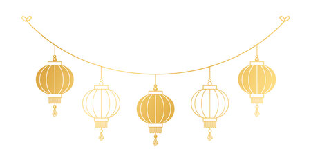 Gold Chinese Lantern Hanging Garland Silhouette, Lunar New Year and Mid-Autumn Festival Decoration Graphicのイラスト素材