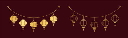 Gold Chinese Lantern Hanging Garland Set, Lunar New Year and Mid-Autumn Festival Decoration Graphicのイラスト素材