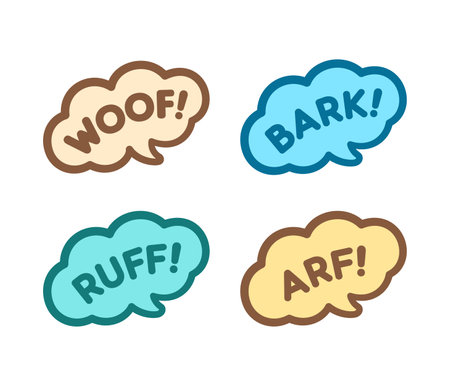 Dog bark animal sound effect text in a speech bubble balloon clipart set. Cute cartoon onomatopoeia comics and lettering.のイラスト素材