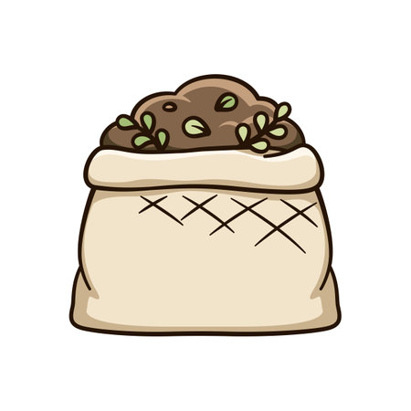 Burlap sack full of dirt and soil cute cartoon illustration. Gardening farming agriculture clipart.のイラスト素材