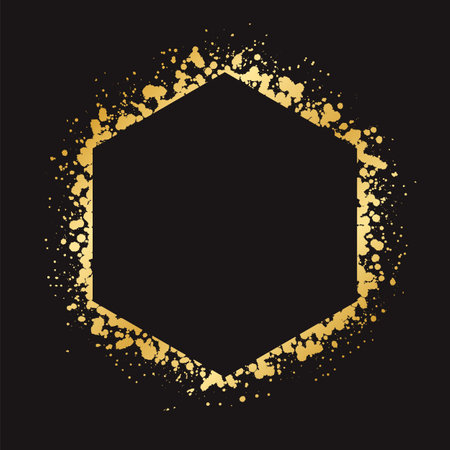 Abstract Hexagon Gold Ink Splatter Frame. Golden foil spray geometric border template.のイラスト素材
