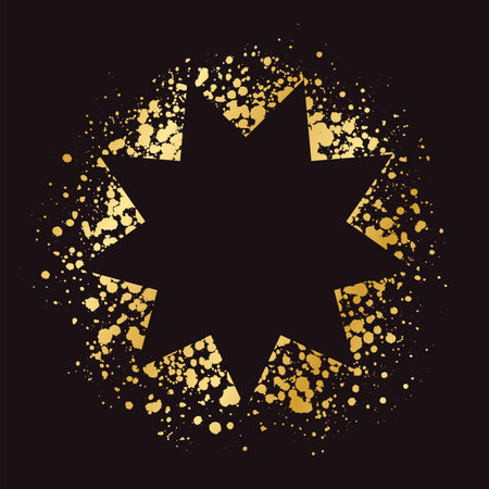 Abstract explosion shape gold ink splatter frame. Golden paint spray graffiti stencil border template.のイラスト素材