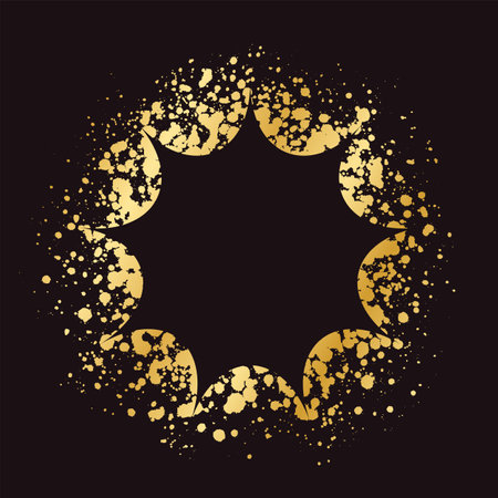 Abstract explosion shape gold ink splatter frame. Golden paint spray graffiti stencil border template.のイラスト素材