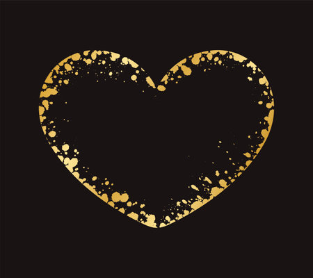 Abstract Heart Shaped Gold Ink Splatter Frame. Golden Valentines Day border template.のイラスト素材