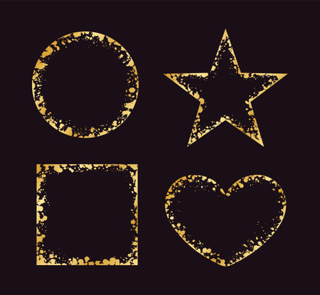 Abstract Gold Ink Splatter Frame Set. Golden foil spray geometric border template.のイラスト素材
