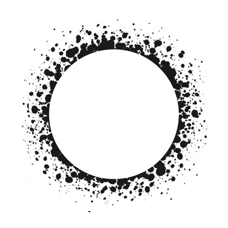 Round grunge ink splatter frame. Spray graffiti stencil border template.のイラスト素材