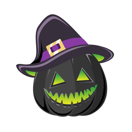 Jack O Lantern Wearing A Witch Hat Costume, Cute Creepy Spooky Halloween Pumpkin Decor Flat Vector Illustrationのイラスト素材