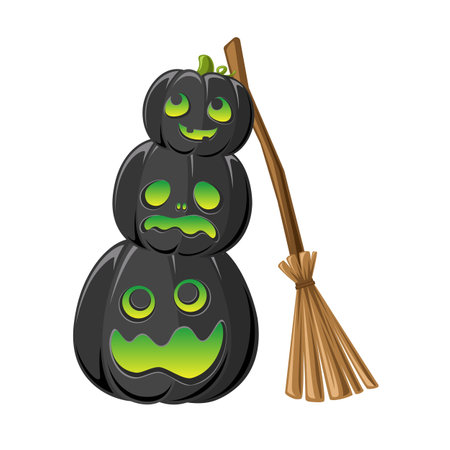Stack of Jack O Lanterns Leaning on a Witch Broom, Cute Glowing Halloween Pumpkins, Creepy Spooky Scary Decorationsのイラスト素材
