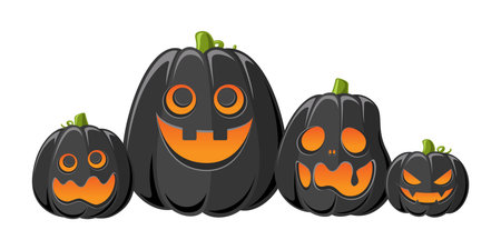 Glowing Jack O Lanterns, Cute Fun Halloween Pumpkins, Creepy Spooky Scary Decorationsのイラスト素材