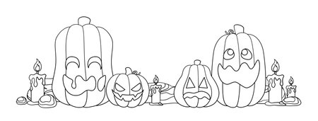 Jack O Lanterns Outline Line Art. Easy Coloring Book Page for Kids. Cute Funny Spooky Halloween Pumpkins.のイラスト素材
