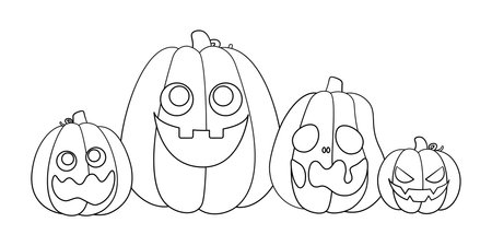 Jack O Lanterns Outline Line Art. Easy Coloring Book Page for Kids. Cute Funny Spooky Halloween Pumpkins.のイラスト素材