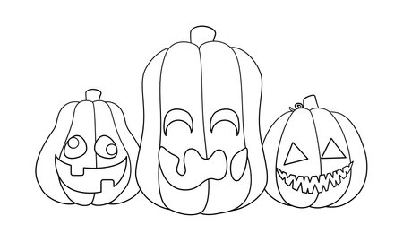 Jack O Lanterns Outline Line Art. Easy Coloring Book Page for Kids. Cute Funny Spooky Halloween Pumpkins.のイラスト素材