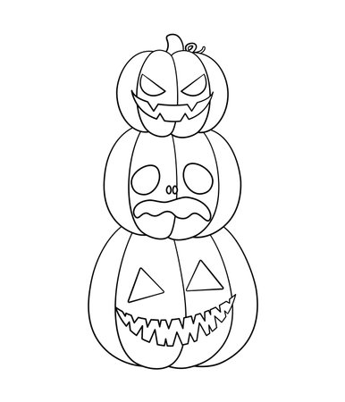 Stack of Jack O Lanterns Outline Line Art, Cute Halloween Pumpkins, Creepy Spooky Easy Coloring Book Page for Kidsのイラスト素材