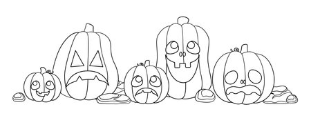 Jack O Lanterns Outline Line Art. Easy Coloring Book Page for Kids. Cute Funny Spooky Halloween Pumpkins.のイラスト素材
