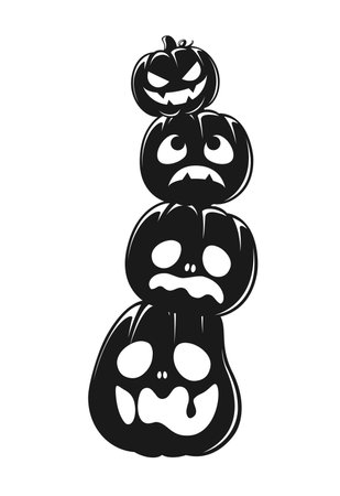 Stack of Jack O Lanterns Silhouette, Cute Funny Halloween Pumpkins, Creepy Spooky Scary Decorationsのイラスト素材
