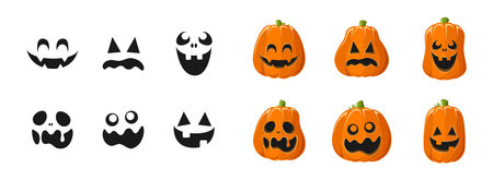 Cute Jack O Lantern with Different Pumpkin Shapes and Facial Expressions Set. Spooky Creepy Halloween Graphics Illustrations.のイラスト素材