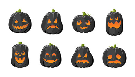 Black Jack O Lantern with Different Shapes and Funny Facial Expressions Set. Creepy Spooky Fun Halloween Pumpkin Decor Illustration Collection.のイラスト素材