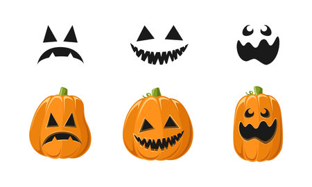 Cute Jack O Lantern with Different Pumpkin Shapes and Facial Expressions Set. Spooky Creepy Halloween Graphics Illustrations.のイラスト素材