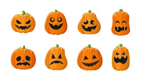 Cute Jack O Lantern with Different Shapes and Funny Facial Expressions Set. Creepy Spooky Fun Halloween Pumpkin Decor Illustration Collection.のイラスト素材