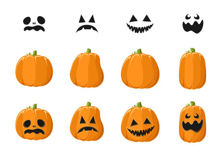 Cute Jack O Lantern with Different Pumpkin Shapes and Facial Expressions Set. Spooky Creepy Halloween Graphics Illustrations.のイラスト素材