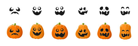 Cute Jack O Lantern with Different Pumpkin Shapes and Facial Expressions Set. Spooky Creepy Halloween Graphics Illustrations.のイラスト素材