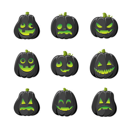 Black Jack O Lantern with Different Shapes and Funny Facial Expressions Set. Creepy Spooky Fun Halloween Pumpkin Decor Illustration Collection.のイラスト素材