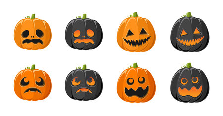 Cute Jack O Lantern with Different Shapes and Funny Facial Expressions Set. Creepy Spooky Fun Halloween Pumpkin Decor Illustration Collection.のイラスト素材