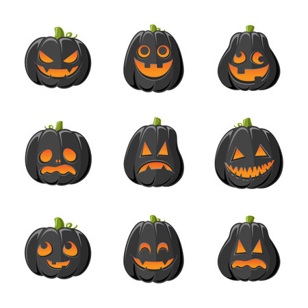 Black Jack O Lantern with Different Shapes and Funny Facial Expressions Set. Creepy Spooky Fun Halloween Pumpkin Decor Illustration Collection.のイラスト素材