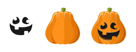 Cute Jack O Lantern with Pumpkin and Funny Silly Facial Expression Set. Spooky Creepy Halloween Graphics Illustrations.のイラスト素材