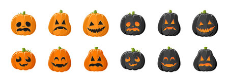 Cute Jack O Lantern with Different Shapes and Funny Facial Expressions Set. Creepy Spooky Fun Halloween Pumpkin Decor Illustration Collection.のイラスト素材