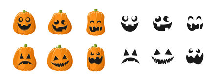 Cute Jack O Lantern with Different Pumpkin Shapes and Facial Expressions Set. Spooky Creepy Halloween Graphics Illustrations.のイラスト素材