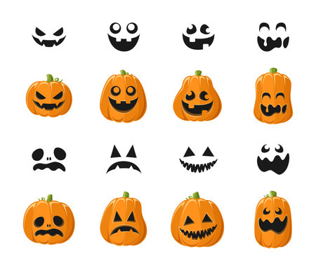 Cute Jack O Lantern with Different Pumpkin Shapes and Facial Expressions Set. Spooky Creepy Halloween Graphics Illustrations.のイラスト素材