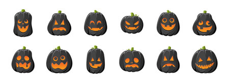 Black Jack O Lantern with Different Shapes and Funny Facial Expressions Set. Creepy Spooky Fun Halloween Pumpkin Decor Illustration Collection.のイラスト素材