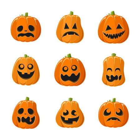 Cute Jack O Lantern with Different Shapes and Funny Facial Expressions Set. Creepy Spooky Fun Halloween Pumpkin Decor Illustration Collection.のイラスト素材