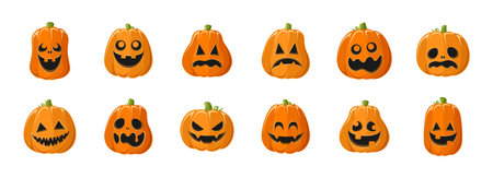 Cute Jack O Lantern with Different Shapes and Funny Facial Expressions Set. Creepy Spooky Fun Halloween Pumpkin Decor Illustration Collection.のイラスト素材
