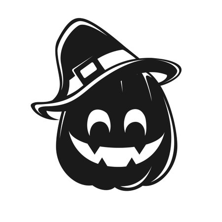 Jack O Lantern Wearing A Witch Hat Silhouette, Cute Halloween Pumpkin Outline Illustration.のイラスト素材
