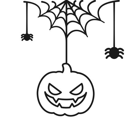 Jack O Lantern Evil Pumpkin Hanging on a Spider Web Line Art Doodle, Happy Halloween Spooky Ornaments Decoration Vector illustrationのイラスト素材