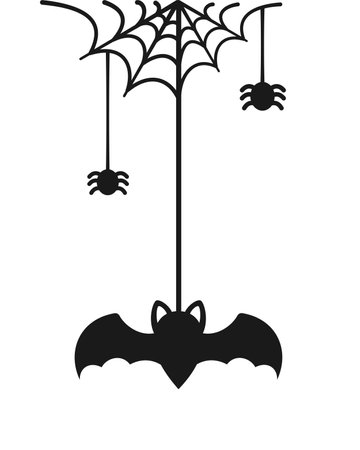 Bat Hanging on a Spider Web Doodle Silhouette, Happy Halloween Spooky Ornaments Decoration Vector illustrationのイラスト素材