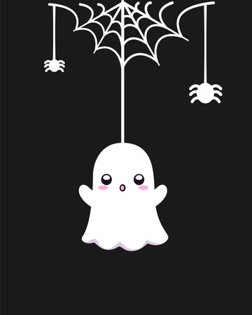 Cute Ghost Hanging on a Spider Web Cartoon, Happy Halloween Spooky Ornaments Decoration Vector illustrationのイラスト素材