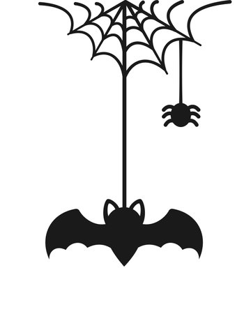 Bat Hanging on a Spider Web Doodle Silhouette, Happy Halloween Spooky Ornaments Decoration Vector illustrationのイラスト素材