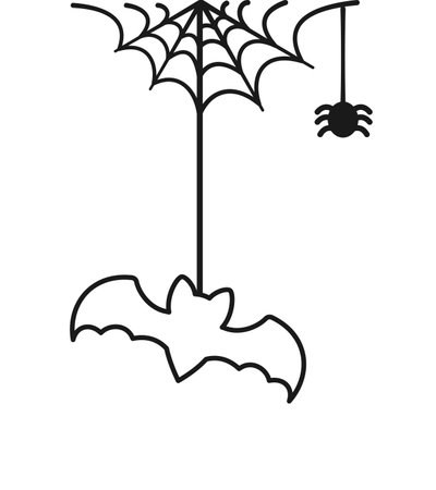 Bat Hanging on a Spider Web Doodle Outline Line Art, Happy Halloween Spooky Ornaments Decoration Vector illustrationのイラスト素材