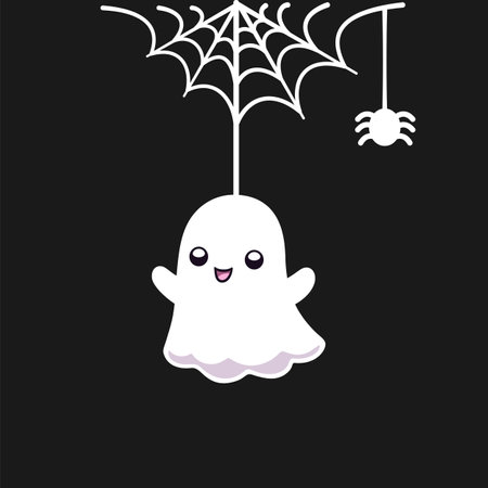 Cute Ghost Hanging on a Spider Web Cartoon, Happy Halloween Spooky Ornaments Decoration Vector illustrationのイラスト素材