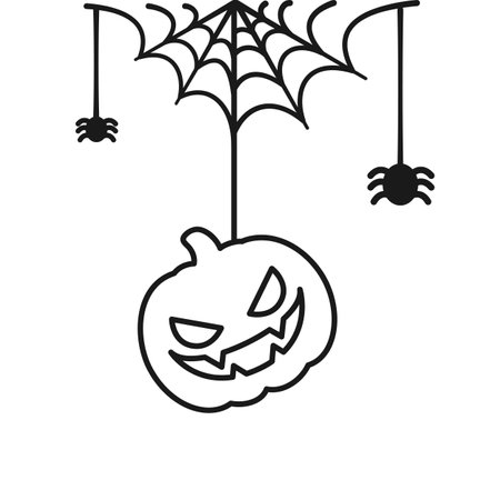 Jack O Lantern Evil Pumpkin Hanging on a Spider Web Line Art Doodle, Happy Halloween Spooky Ornaments Decoration Vector illustrationのイラスト素材