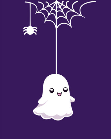 Cute Ghost Hanging on a Spider Web Cartoon, Happy Halloween Spooky Ornaments Decoration Vector illustrationのイラスト素材
