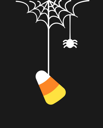 Candy Corn Hanging on a Spider Web, Happy Halloween Trick or Treat Spooky Ornaments Decoration Vector illustrationのイラスト素材