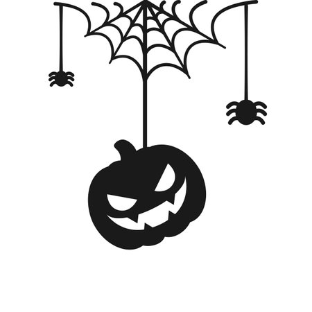 Jack O Lantern Evil Pumpkin Hanging on a Spider Web Silhouette, Happy Halloween Spooky Ornaments Decoration Vector illustrationのイラスト素材