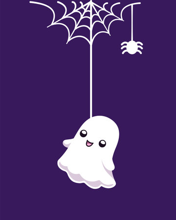 Cute Ghost Hanging on a Spider Web Cartoon, Happy Halloween Spooky Ornaments Decoration Vector illustrationのイラスト素材